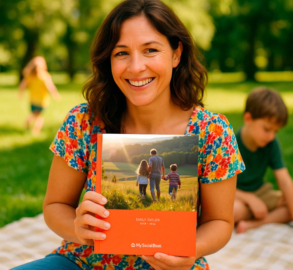 A mother holding her My Social Book, a hardcover photo book made from her Facebook