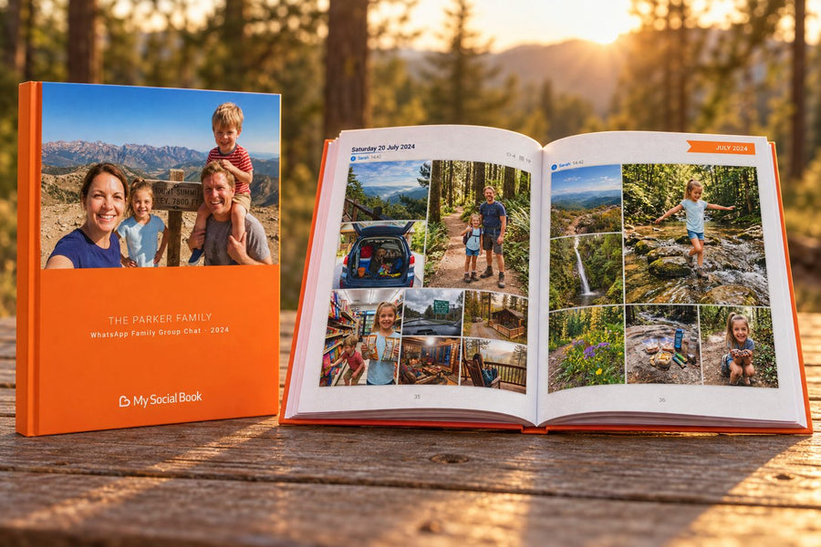 Hiking photos from the chat printed in a grid across two pages